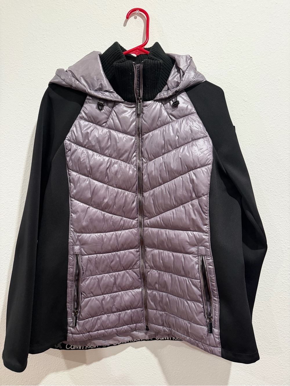 Calvin Klein Lavender Quilted Hooded Puffer with Black Sleeves